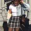 black plaid skirt with slit women vintage checkered split mini skirt high waist bodycon black and white skirt faldas 210415