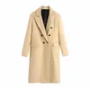 Women camel double-breasted coat Fitted with a lapel collar and long sleeves Front flap pockets Back vent at the hem 210520
