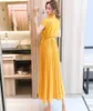 Sommer Mode Casual Frauen Kurzarm Umlegekragen Plissee Kleid Chiffon Maxi Kleider 210531