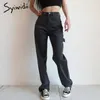 Syiwidii taille haute jean pour femmes noir Denim pantalon vêtements à lacets épissé pantalon droit mode Vintage Streetwear 210809