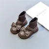 Autumn Girls Boots Princess Shoes Leather Gebreide stiksel schattige vlinder-knoop peuter mode baby EU 15-25