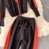 Mulheres outono inverno coreano casual tracksuit ternos carrinho colarinho zipper tops + cintura alta calças movimentando dois pedaços conjunto 210419