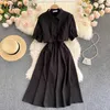 NEPLOE FAKE TWO PIECES OFFICE LADY Vestidos Slå ner Krage Puff Short Sleeve Kvinna Robe Slim Waist Single Breasted Chic Dress C0607