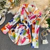 Primavera Verão Koean Tie Dye Cetim Tops Senhoras Elegante Manga Longa Bandagem Blusa Irregular Camisas Blusas Femininas