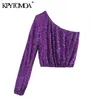 Sexig One Shoulder Sequined Beskuren Blusar Kvinnor Mode Skew Collar Långärmad Party Female T-shirts Chic Toppar 210420