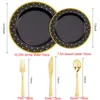 Disposable Dinnerware 50Pcs Dinner Plate Black Plastic And Golden Knife Fork Spoon Set Wedding Birthday Party Decorations