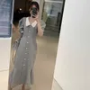 Платья шикарный корейский летний темперамент элегантный тонкий контраст серый отворотный слоеный рукав однобортное платье русалки женщины мода 210610