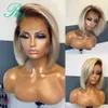 4T613 Honey Blonde Ombre 613 Kolor Koronkowy Zamknięcie Peruka Krótki Pixie Bob Cut Proste 13x4 Koronki Przód Ludzkich Włosów Peruki Dla Kobiet Remy S0826