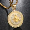 Masonic Medallion Pendant With Tennis Chain Gold Charm Bling Cubic Zircon Men's Hip hop Necklace Rock Jewelry