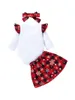 3 pezzi bambino neonate vestito natalizio lettera stampa volant manica lunga pagliaccetto top + gonna scozzese + set di vestiti fascia