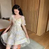 Robe florale femmes Sexy manches bouffantes dentelle en mousseline de soie imprimé Mini été Style coréen Vintage fée robes