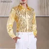 Shiny Gold Sequin Glitter Long Sleeve Shirt Men Fashion Niglub Party Stage Disco Chorus for Chemise Homme 210730