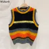 Mode gestreepte trui vest vrouwen vallen kleding knitwear vrouwelijke truien Koreaans gebreid korte jumper vrouw tank tops 210417