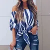 1Women Striped Off Shoulder Blouses Sommar Kvinnor Svart Blus Toppar Kortärmad Casual Plus Solor Sirts Sexig Pullover 210514