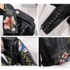 Autumn Floral Print Embroidery Rivet Faux Soft Leather Jacket Coat Lapel Collar Pu Motorcycle Black Punk Short Outerwea 210430