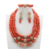 Boucles d'oreilles collier 3 couches corail rouge mariage nigérian perles africaines ensemble de bijoux or et longue déclaration