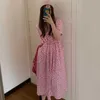 Korejpaa Women Dress Summer Korea Chic Sweet Print Elegant Floral V Neck Pocket Design Tie Waist Bubble Sleeve Long Vestido 210526