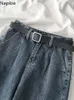Neploe Jeans for Women High Waist Slim Fit Wide Leg Pants Korean Vintage Fashion Trousers Loose Streetwear Sweatpants with Belt 210422