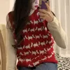 Women Vest Sweater Crew Neck Knitted Pullover Sleeveless Gray Red Dog Winter Preppy Style M0232 210514