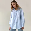 Camicetta da donna elegante Camicia da ufficio bianca blu di base Camicette con collo basso Girevole Camicette casual con bottoni sottili Camicie da donna Tunica da tasca 210419