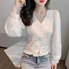 white V-neck Woman blouse Lace Embroidery Clothing Vintage Puff Sleeve Single Breasted shirts and Tops Blusas Mujer 10536 210508