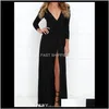 Casual Dresses Apparel Split Sexig Deep V-Neck Long Women Party Black Dress Ladies Solid Color Clothing Maxi Drop Deli Hcbqy