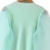 Jersey de cuello redondo Harajuku, suéter elegante de manga farol de gasa de malla verde para mujer, suéter de punto dulce para mujer 210507