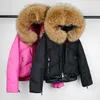 Janveny Piumino da donna con cappuccio in vera pelliccia di procione Inverno 90% piumino d'anatra Cappotto corto Piuma imbottita femminile Parka Outwear 210913