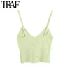 TRAF Kadınlar Tatlı Moda Çiçek Nakış Kırpılmış Örme Bluzlar Vintage Backless Ince Askıları Kadın Gömlek Chic Tops 210415