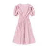 Pink O Neck Puff Short Sleeve Knee Length Cat Print Animal Ruffle Korean Dress Vintage D1830 210514