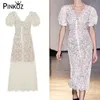 Vintage Cream White Lace V-neck Puff Sleeve Midi Dress Crysral HIgh Quality Part Dinner Boho Dresses Summer ropa mujer 210421