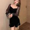 Black Summer Dress Women Mesh Patchwork Velvet Nightclub Short Female Pleated V-neck Sexy Ladies es Vestido 13176 210512