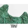 TRAF Kadınlar Chic Moda Çiçek Baskı Yan Yarık Midi Elbise Vintage Bağlı V Boyun Fener Kollu Kadın Elbiseler Vestidos 210415
