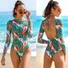 Bikinis Conjunto de roupas de banho Mulheres Rashguard Sexy Backless One Piece Swimsuites Surfing Plus Size Thong Push Up Mangas Longo Longo Soldado