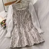 Vintage drawstring lace crocheted dress for womens stitching long-sleeved low-neck halter female contrast color 210420