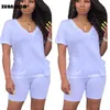 Xuanshow Jogging V-neck Short Sleeved Regular Tshirt with Straight Tight Shorts Solid Color Knitted 2 Piece Set Ropa De Mujer Y0719