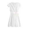 Mulheres Lace Retalhamento Branco Vestidos de Algodão de Manga Curta Sólida Casual Sashes Feminino O Pescoço Verão Elegante Mini 210515