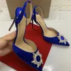 Sexig Lady Fashion Women Shoes Blue Sain Crystal Point Toe High Heels Slingback Pumpar 12cm 10cm Stor storlek 44