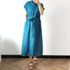 Johnature Summer Cotton Linen Comfortable Turn-down Collar Short Sleeve Shirt Dress Simple Leisure 6 Color Women Dress 210521