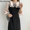 Nomikuma Coreano Chique Vestido Desligado Collar Falske Two-Peça Slim Cintura Meados Vestidos Mulheres Vintage Moda Vestidos 3D727 210514