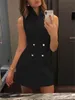 Brand Women Collar Sleeveless Blazer Double Breasted Short Dresses Lapel Button Solid Dress Women's Suits & Blazers