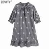 Kvinnor Vintage Blomma Broderi Plaid Straight Mini Dress Kvinna Chic Bow Bundet Hem Ruffles Kimono Vestido DS8268 210420