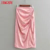 Женщины Pink Pliated Satin MIDI юбка Фалдас Муджер Винтаж на молнии Офис Дамы Элегантные Шикарные Средние Кельки Юбки 3D31 210416