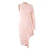 Women Party Dress Irregual Sleeve Asymmetrical Length Pleated Light Pink Bodycon Slim Elastic Fashion Vestidos Spring Summer 210416