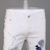 Calças de brim dos homens de verão algodão misturado branco calças casuais magro calças longas finas com impressão de spray de tinta