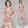 LLZACOOSH Fashion Summer Runway Elegant Floral Print Women Flare Sleeve V Neck Elastic waistline A Line Slim Long Dresses 210514