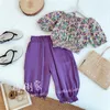 Été enfants filles 2 pièces ensembles chemises à fleurs sans épaule + pantalon violet tenues de mode vêtements E5695 210610