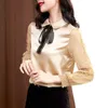 韓国の女性シルクシャツブラウス長袖ブラウストップスプラスサイズの女性サテンエレガントシフォンパーチワーク210604