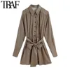 Traf Women Fashion with Belt Geometric Print Mini Dress Vintage Long Sleeve Button-Up Female Dresses Vestidos Mujer 210415