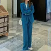 Blazer e pantaloni blu moda primavera Set da 2 pezzi Abbigliamento da lavoro per ufficio da donna Abiti in velluto a coste con tasche Taglie forti per donna 210527